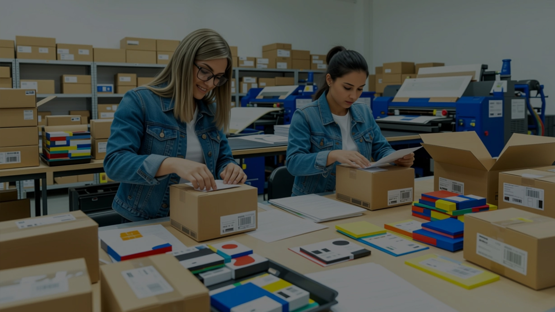 Dos empleadas con chaquetas de mezclilla preparando y sellando cajas de cartón para envío en un almacén de imprenta.